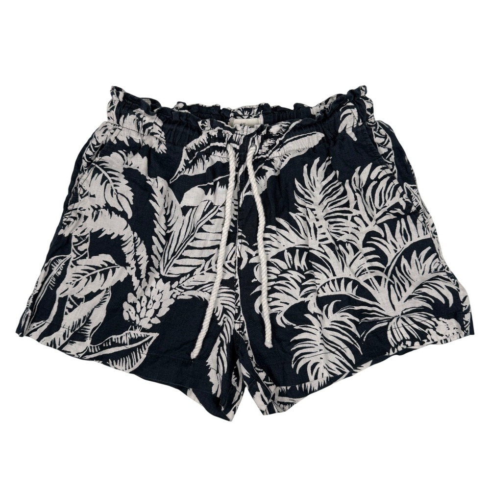 H&M Tropical Linen Paperbag‎ Shorts Size M Navy White Tropical Leaf Print